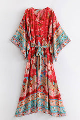 Boho Dress, Kimono Robe Dress, Wild Flower Kelly Red
