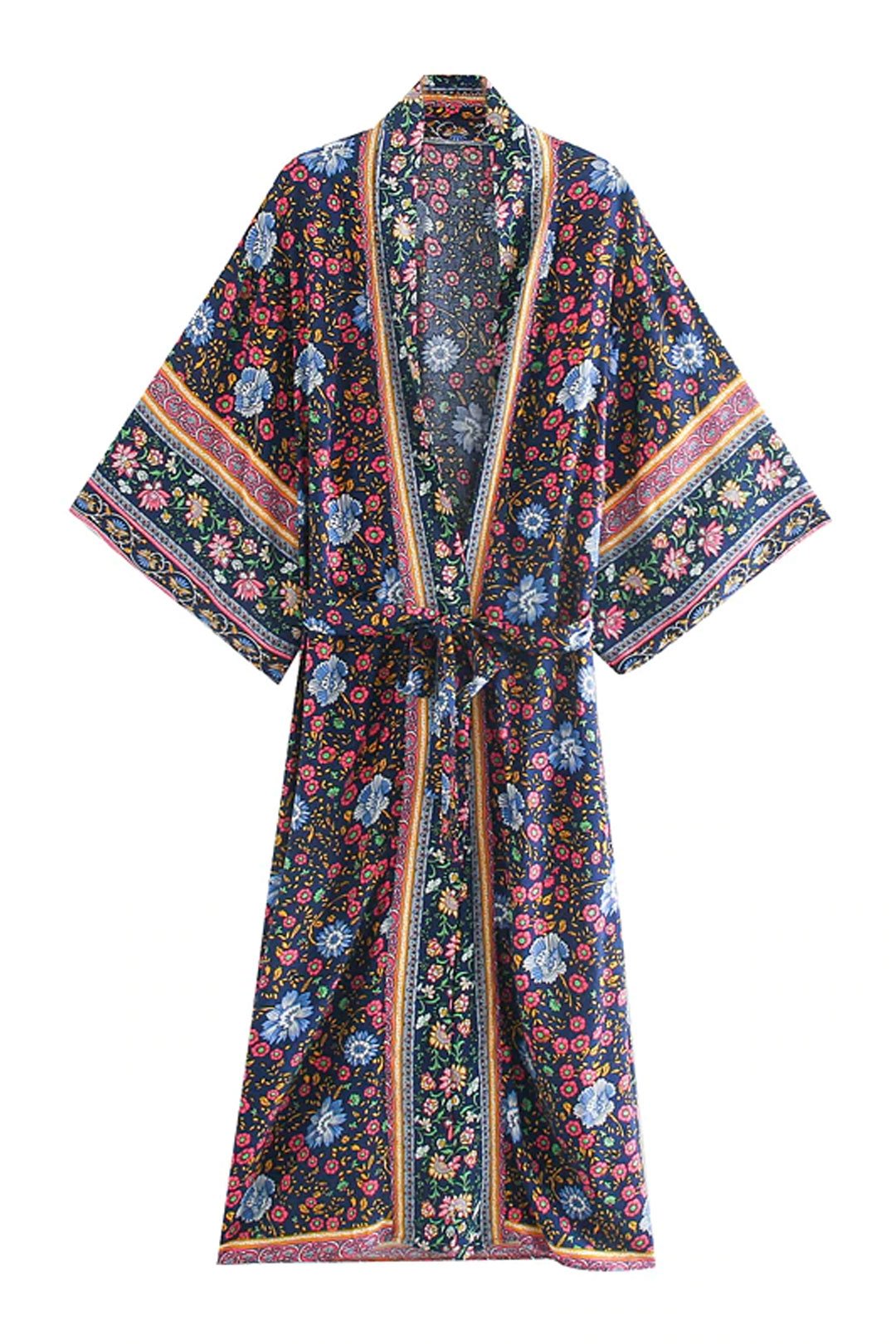 Boho Robe, Kimono Robe,  Beach Cover up, Flora in Navy