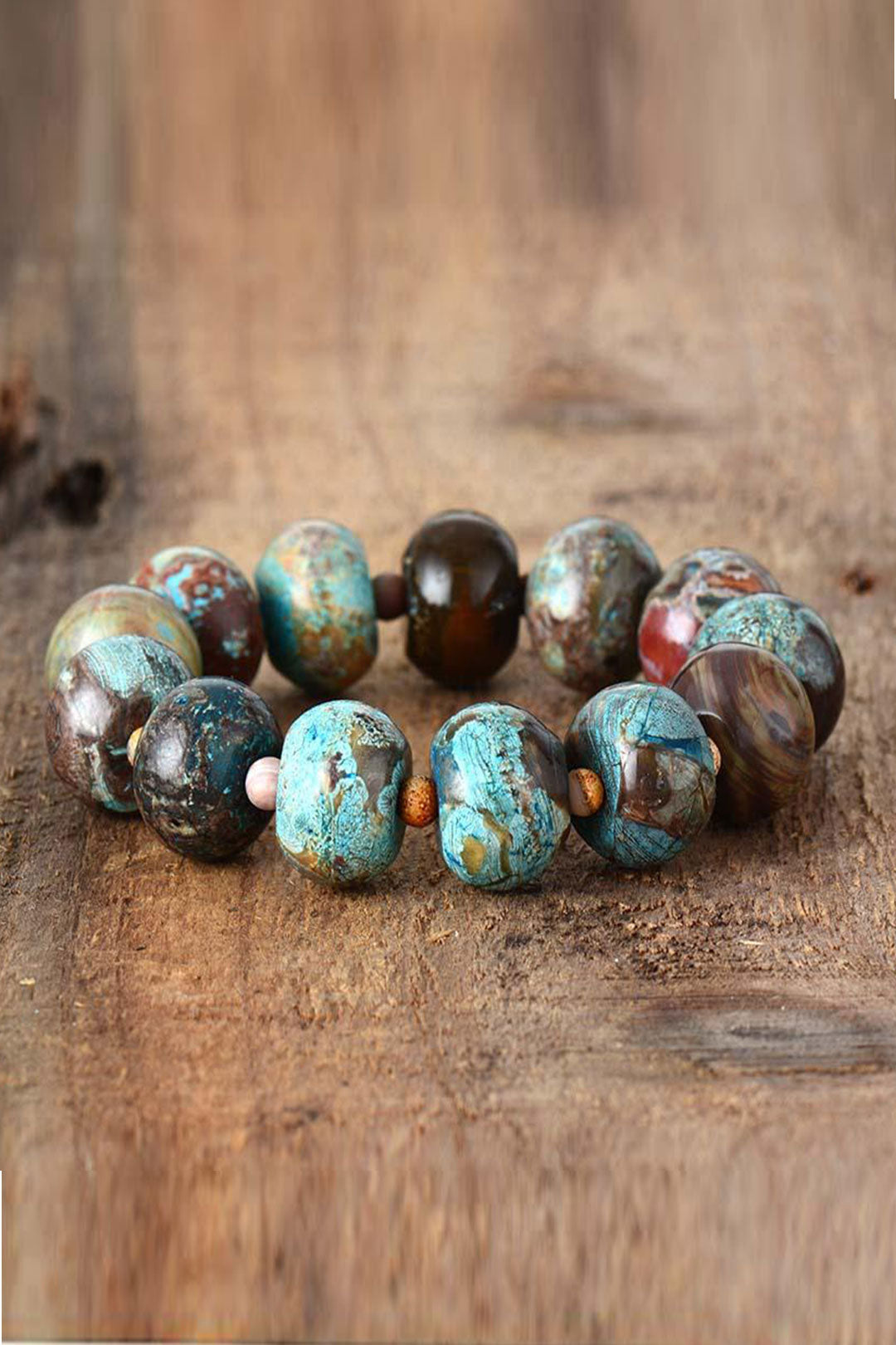 Boho Bracelet, Stretchy Bracelet, Brown Blue Tibetan Ball