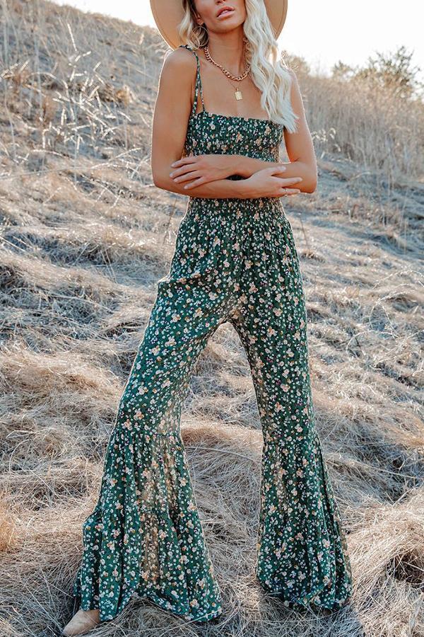 Polynesia Floral Smocked Flared Leg Jumpsuit
