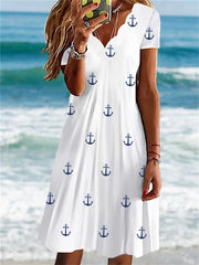 Women's Summer Hot Models Printed L Dress Slim Short-sleeved Wave Collar Comfortable Casual Printed A-line Dress S,M,L,XL,XXL,3XL,4XL,5XL