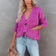 Deep V Neck Button Down Long Sleeve Sweater with Pockets