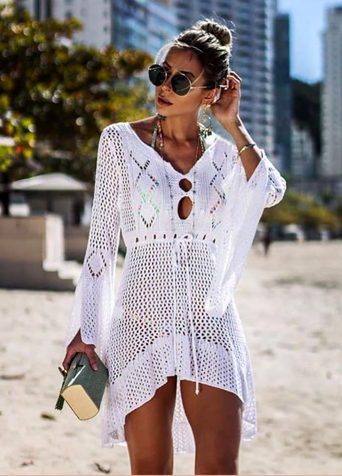 Hollow Out Long Sleeve V Neck Cover Up