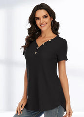 Button V Neck Short Sleeve Solid Color T-shirt