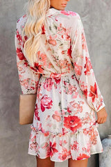 Buttons Tie Waist Printed Ruffle Dress