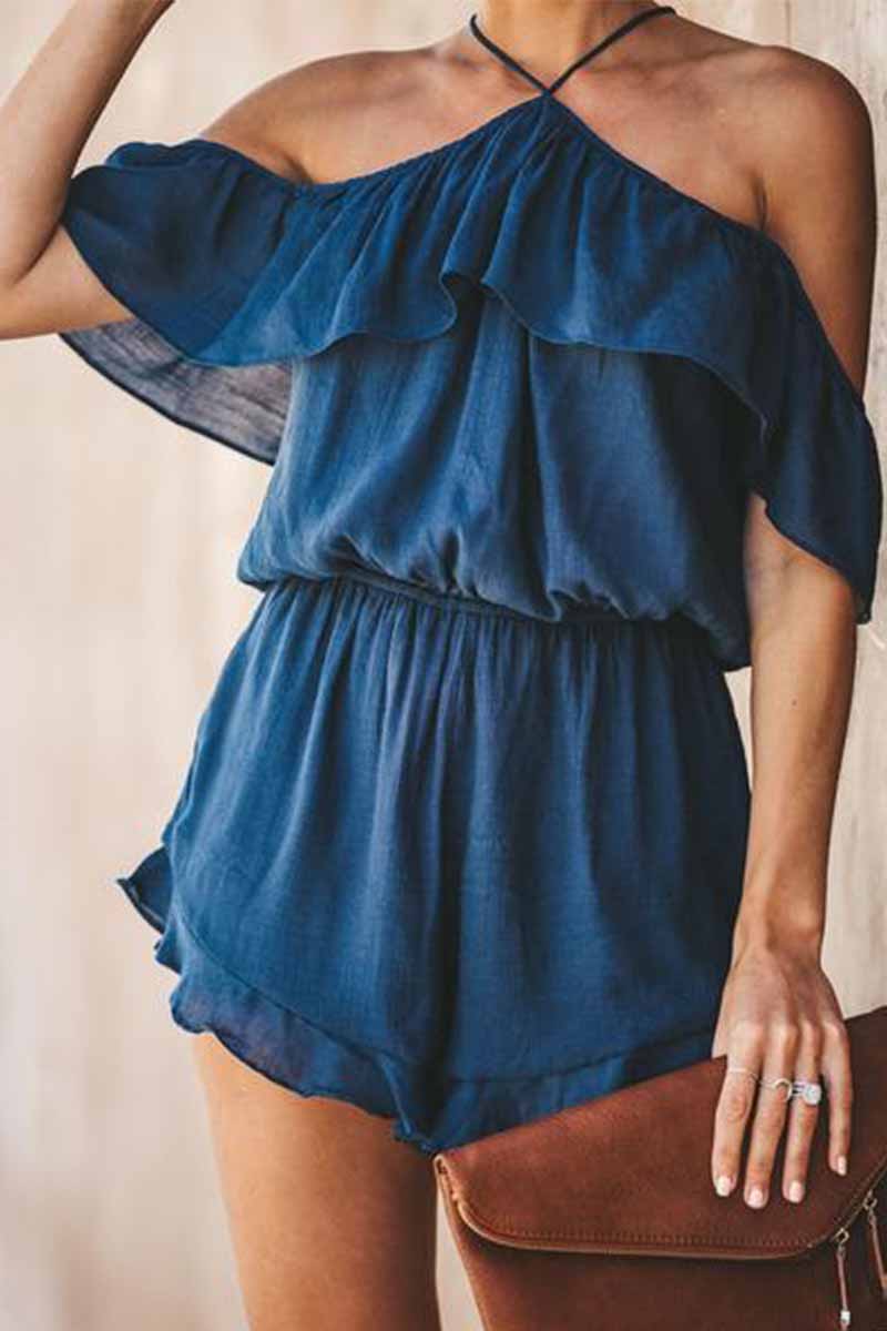 Solid Color Cotton Sling Ruffled Backless Jumpsuit
