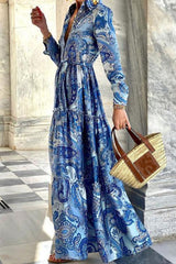 V Neck Ruffle Tiered Printed Maxi Dress