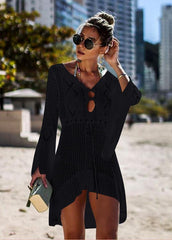 Hollow Out Long Sleeve V Neck Cover Up