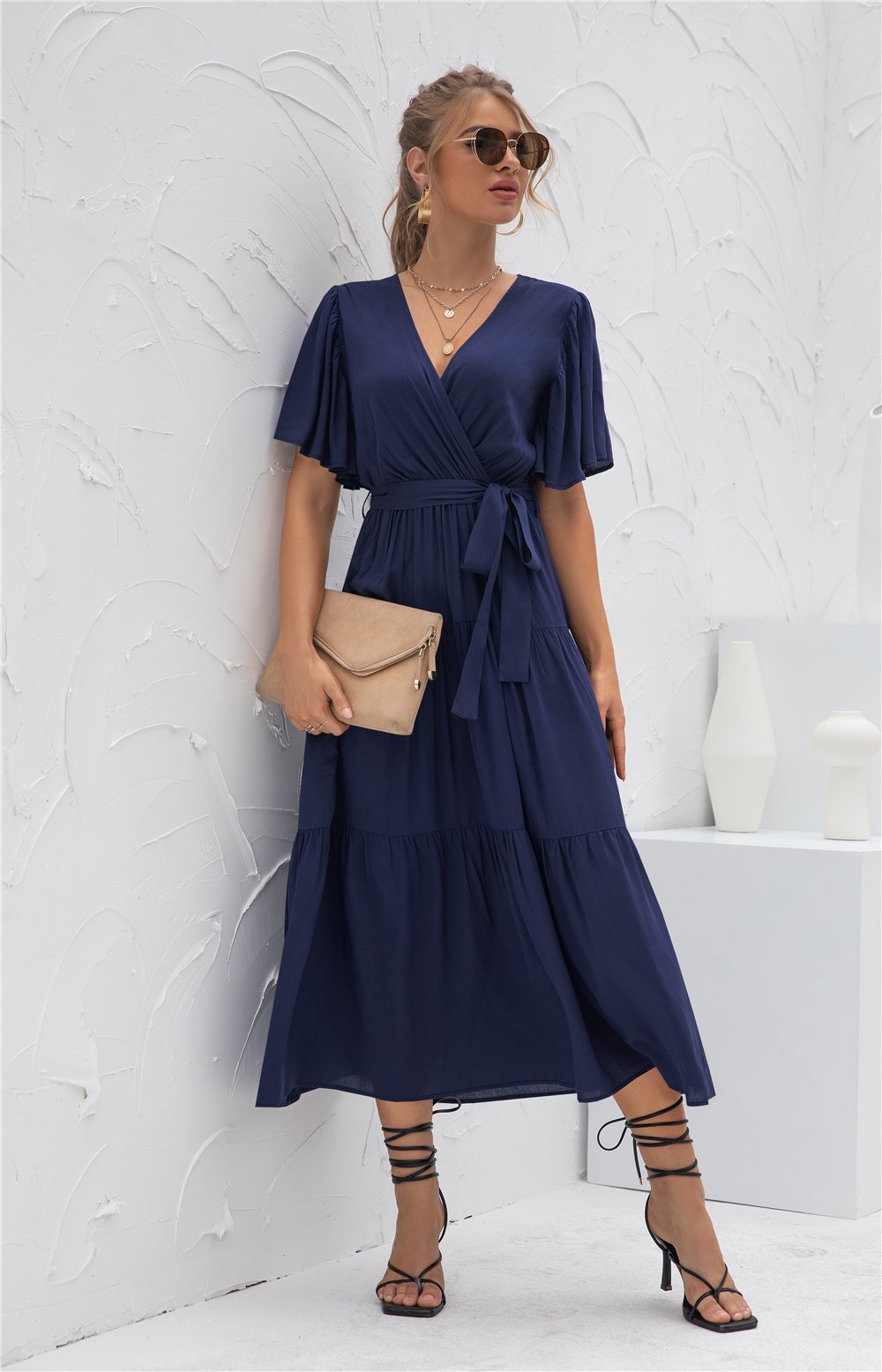 Short Sleeve V Neck Flowy Waist Wrap Maxi Dress