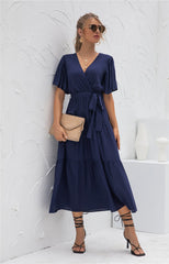 Short Sleeve V Neck Flowy Waist Wrap Maxi Dress