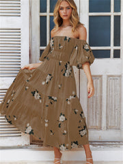 One-neck Strapless Bubble Sleeve Print Dress Short Sleeve Long Dress Brown Yellow Green S M L XL
