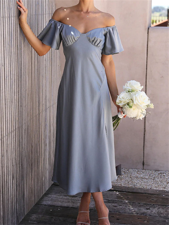 S-XL Summer Casual Women's Solid Color Satin Short Sleeve Sexy One Neck High Waist Pleated Medium Length Dress Temperament Commuter