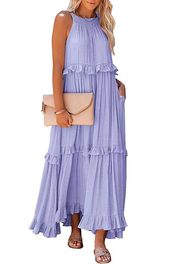 Vittoria Shirred Ruffle Tiered Maxi Halter Dress