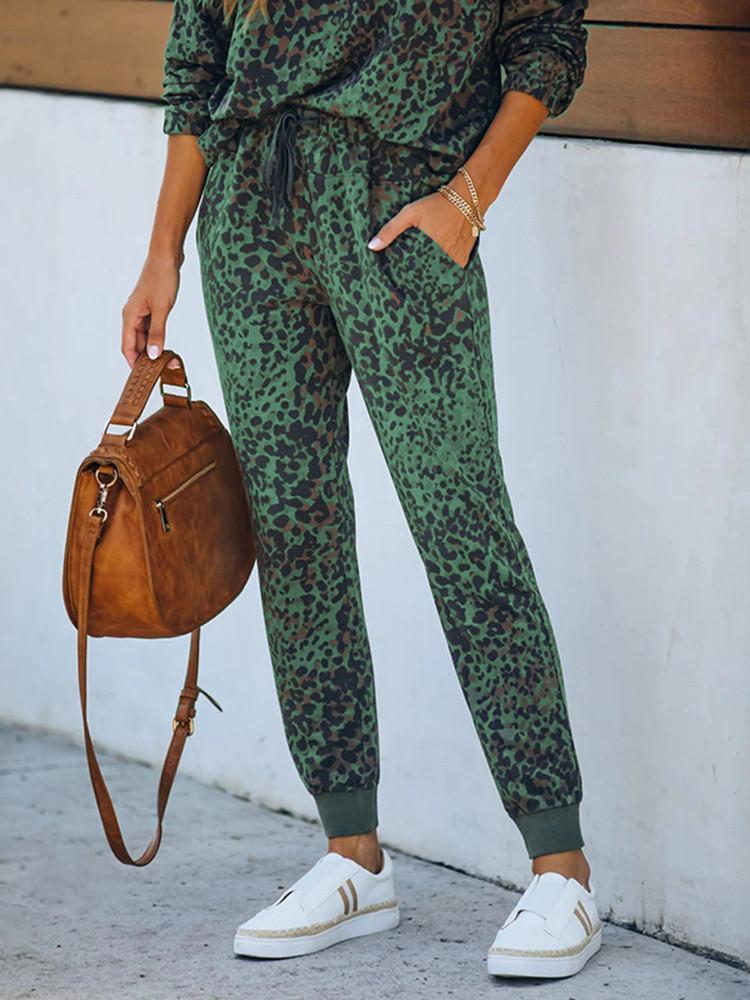Leopard Pocket Lace-up Long Sleeve Two-piece
