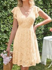 Women's Summer V-neck Ruffle Sleeve Dress Floral Lace Lace-up A-line Dress White Black Red Apricot Green Blue Pink S-2XL