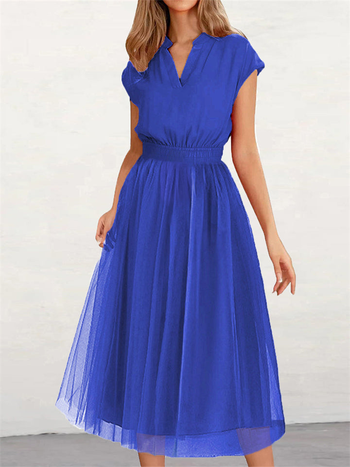 Women's Summer Elegant Fashion V-neck Girdle Gauze Net Dress Solid Color Dress Blue Red Black Yellow Pink S-3XL