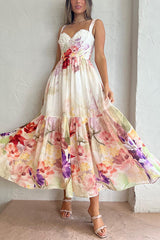 Romantic Date Floral Ruffle Detail Pocketed Corset Maxi Formal / Vacation Dress