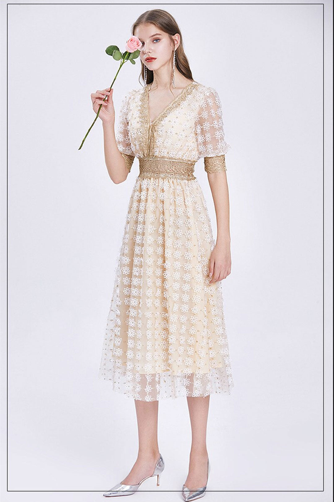 Vintage Dress, Boho Midi Dress, Lace Party Dress, Genevieve in  White Apricot and Midnight