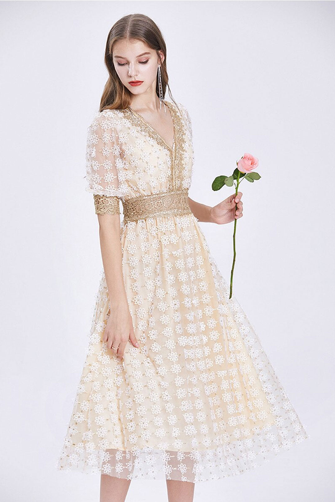 Vintage Dress, Boho Midi Dress, Lace Party Dress, Genevieve in  White Apricot and Midnight