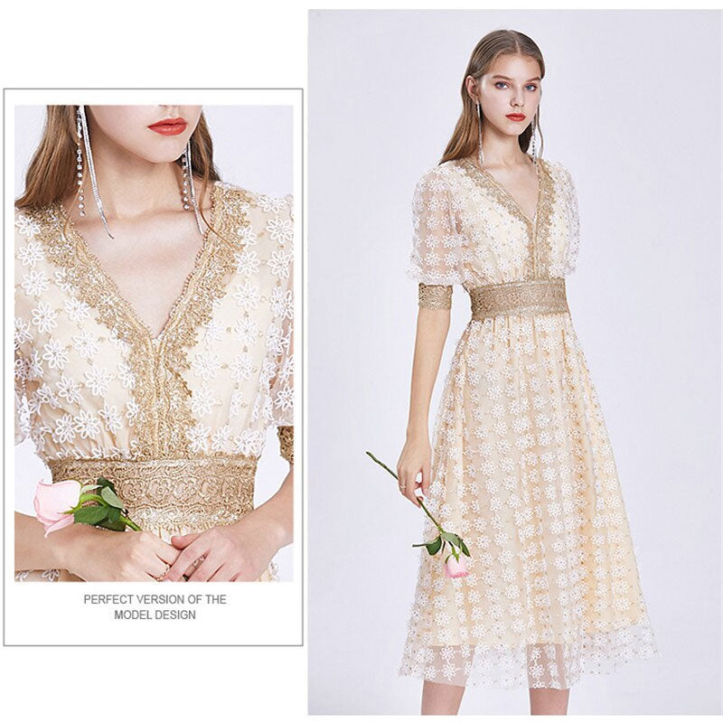 Vintage Dress, Boho Midi Dress, Lace Party Dress, Genevieve in  White Apricot and Midnight