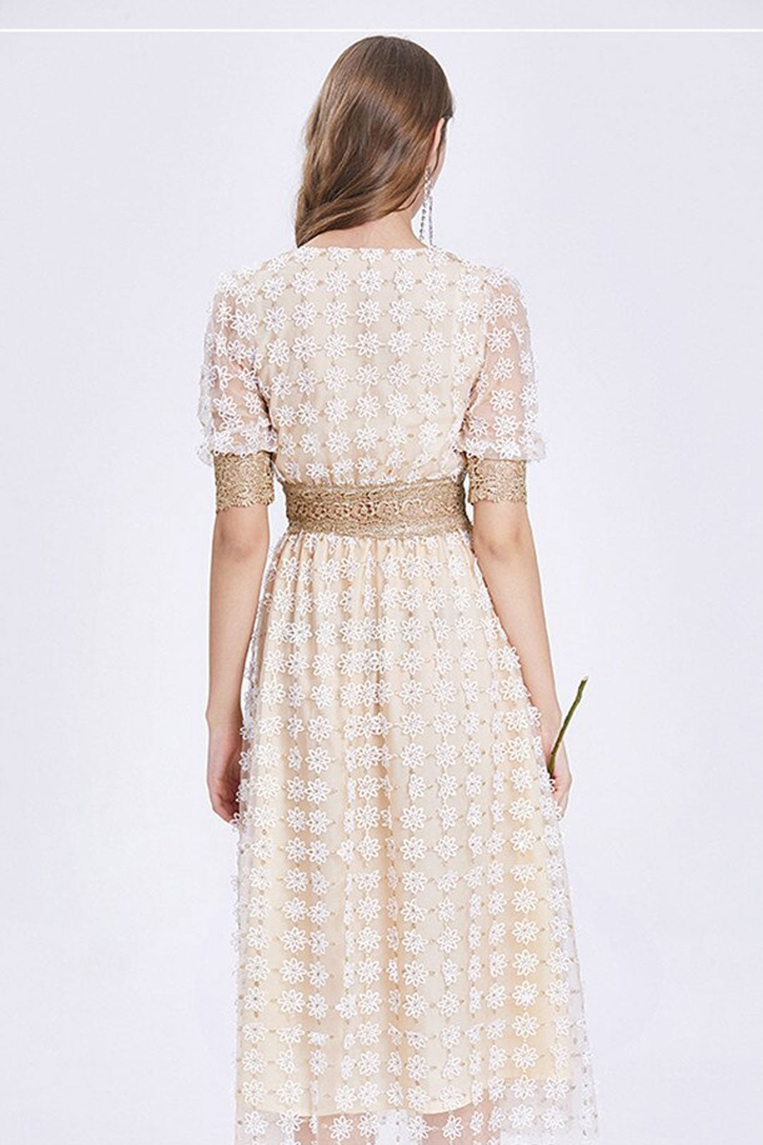 Vintage Dress, Boho Midi Dress, Lace Party Dress, Genevieve in  White Apricot and Midnight