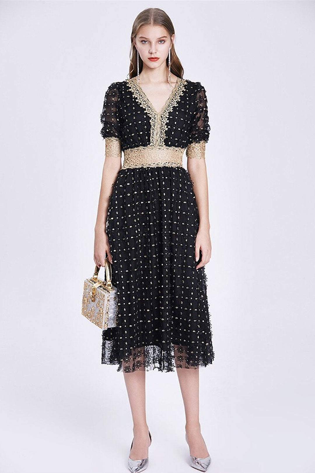 Vintage Dress, Boho Midi Dress, Lace Party Dress, Genevieve in  Midnight and White Apricot