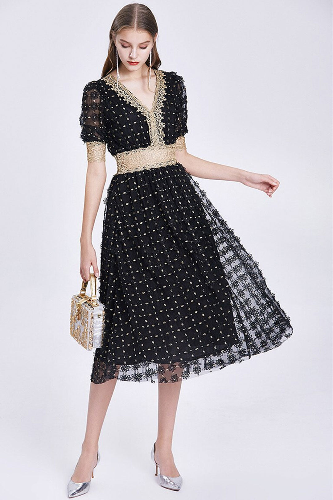 Vintage Dress, Boho Midi Dress, Lace Party Dress, Genevieve in  White Apricot and Midnight
