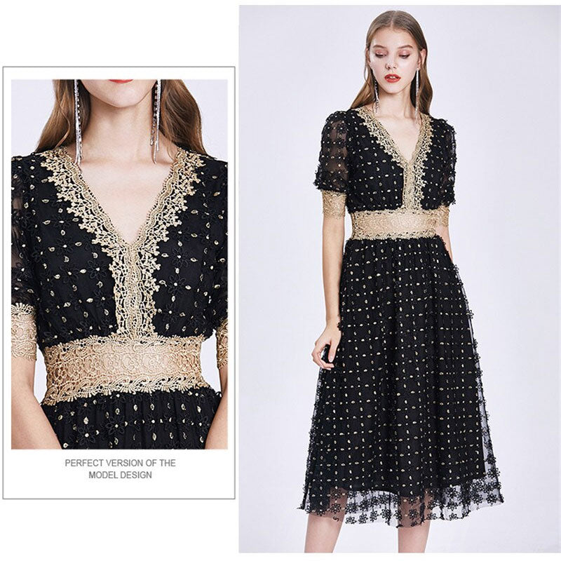 Vintage Dress, Boho Midi Dress, Lace Party Dress, Genevieve in  Midnight and White Apricot