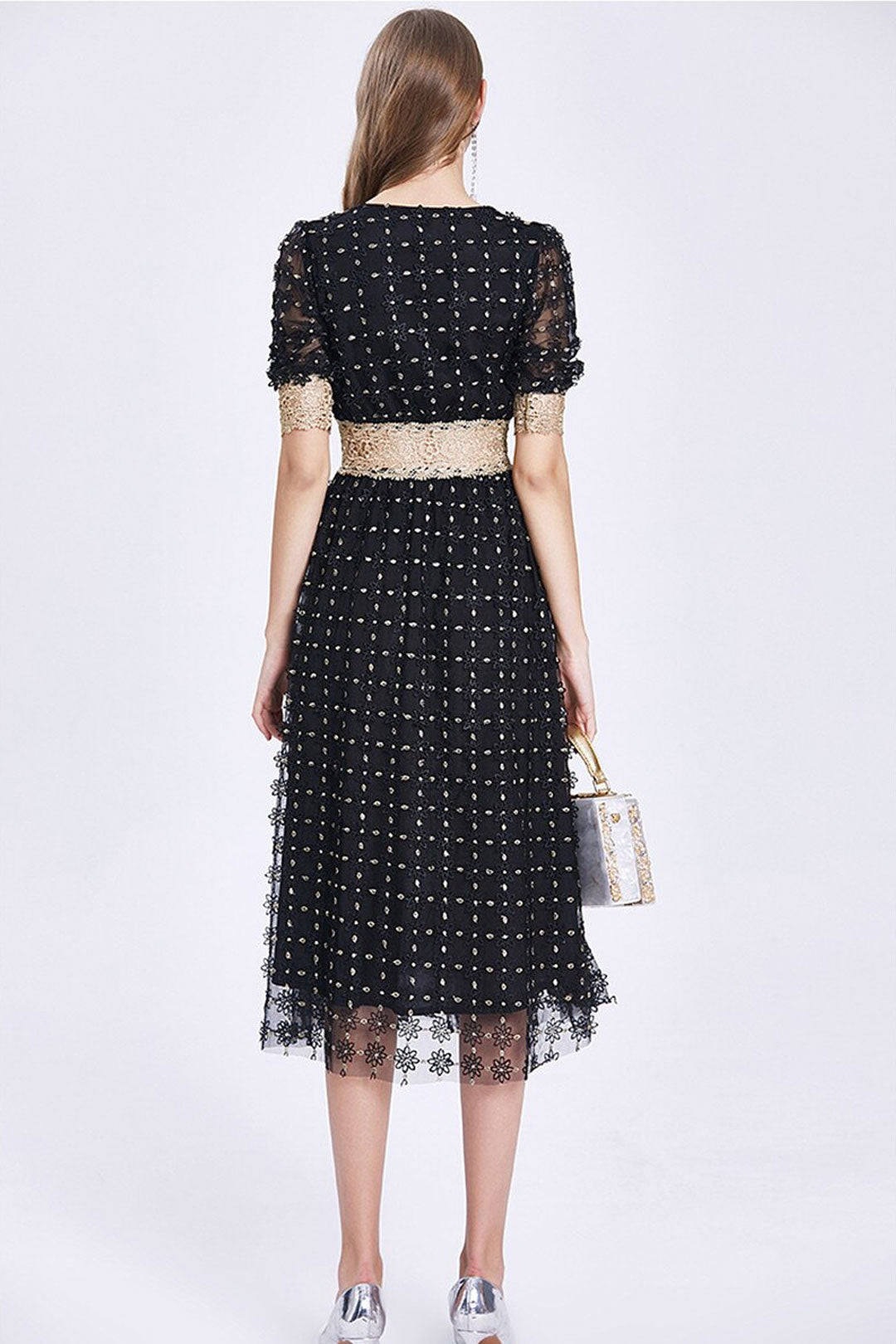 Vintage Dress, Boho Midi Dress, Lace Party Dress, Genevieve in  Midnight and White Apricot