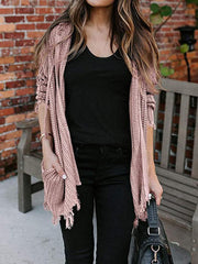 Zipper Ripped Drawstring Hooded Cardigan