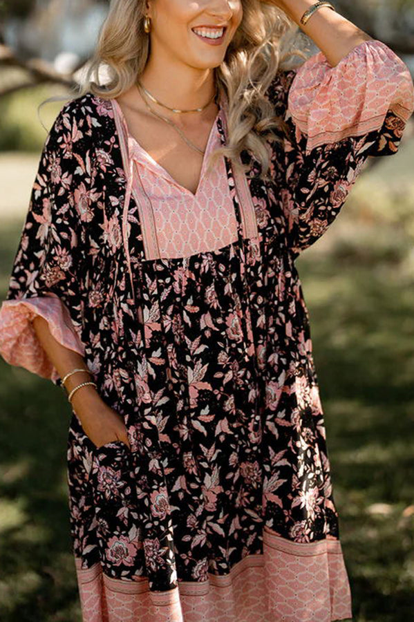 Trisha Bohemian Print Balloon Sleeve Pocketed Babydoll Mini Dress