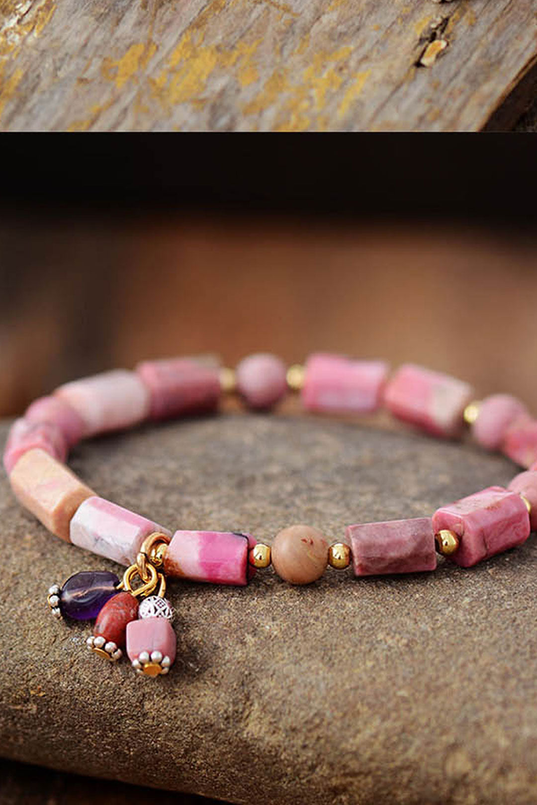 Boho Bracelet, Stretchy Bracelet, Pink and Blue Rhodonite