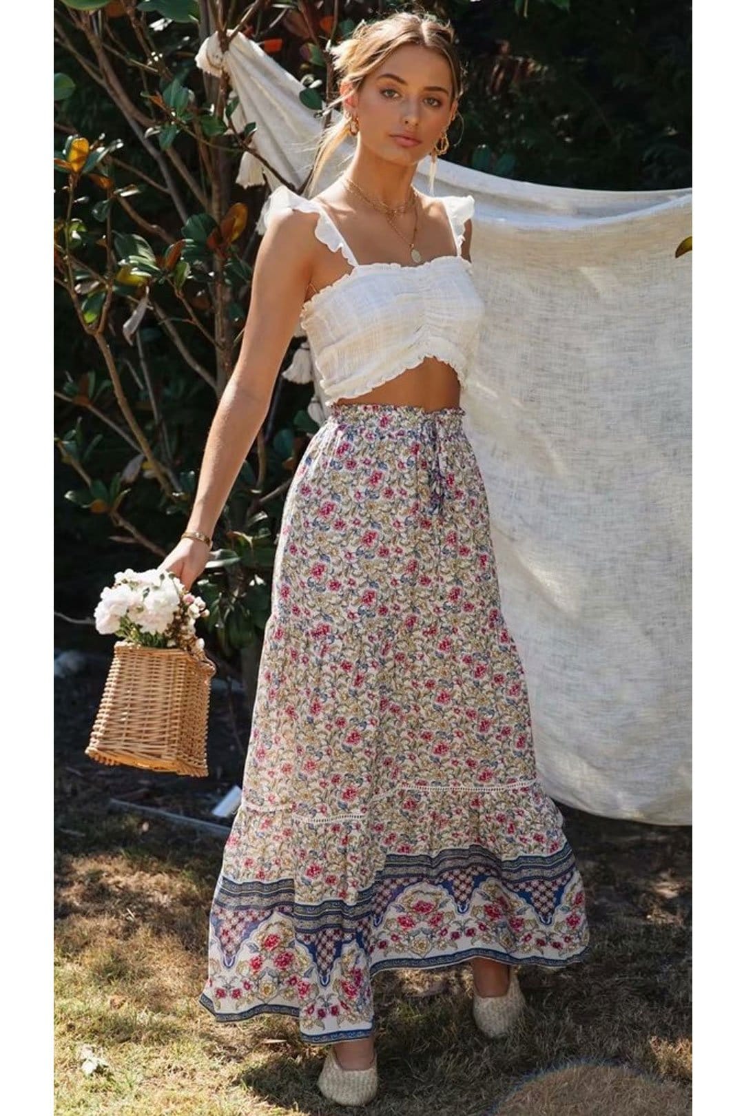 Boho Skirt, Hippie Skirts, Maxi Skirt, Wild Floral Rosa Off White