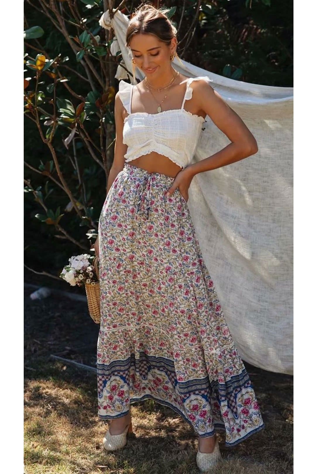 Boho Skirt, Hippie Skirts, Maxi Skirt, Wild Floral Rosa Off White