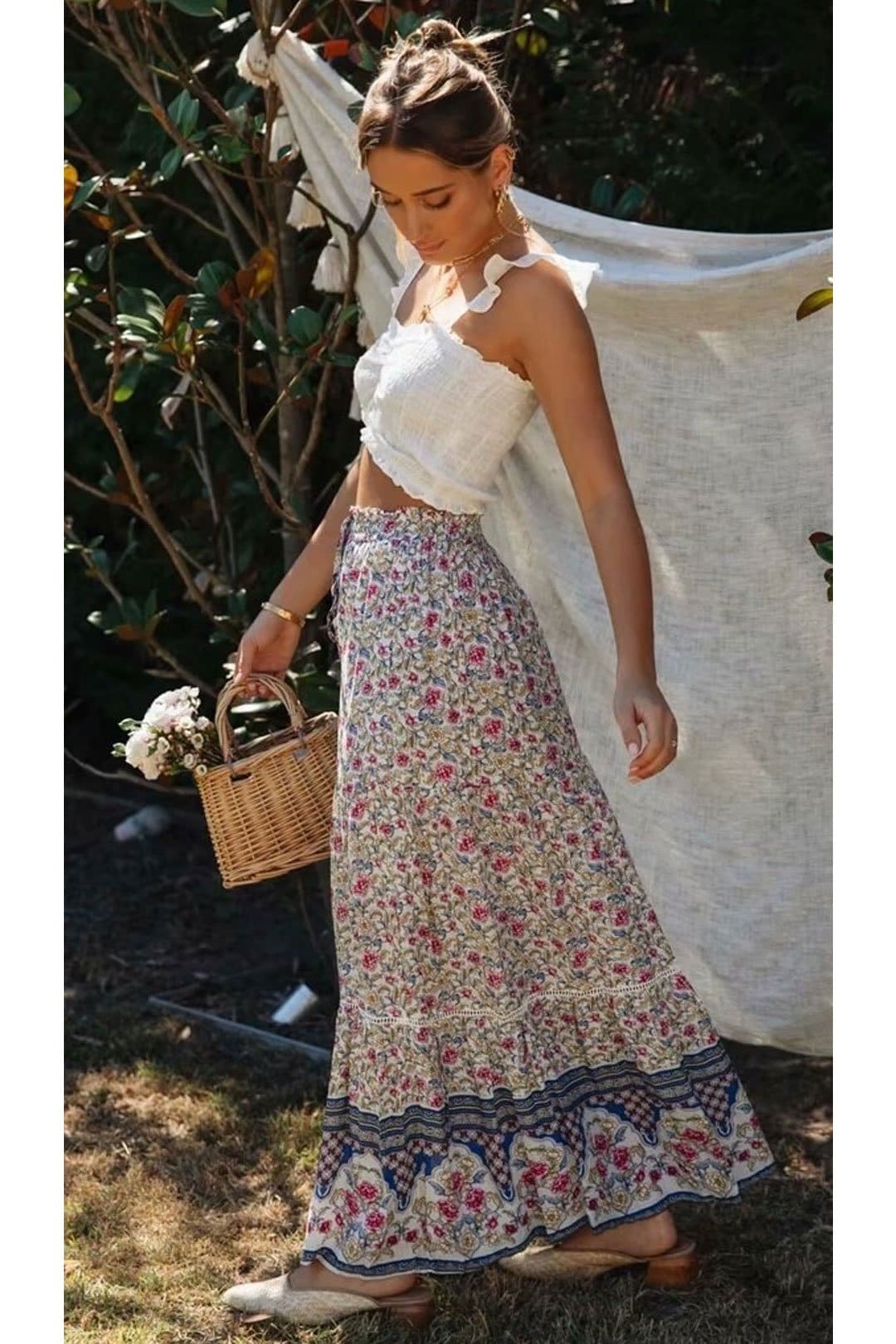 Boho Skirt, Hippie Skirts, Maxi Skirt, Wild Floral Rosa Off White