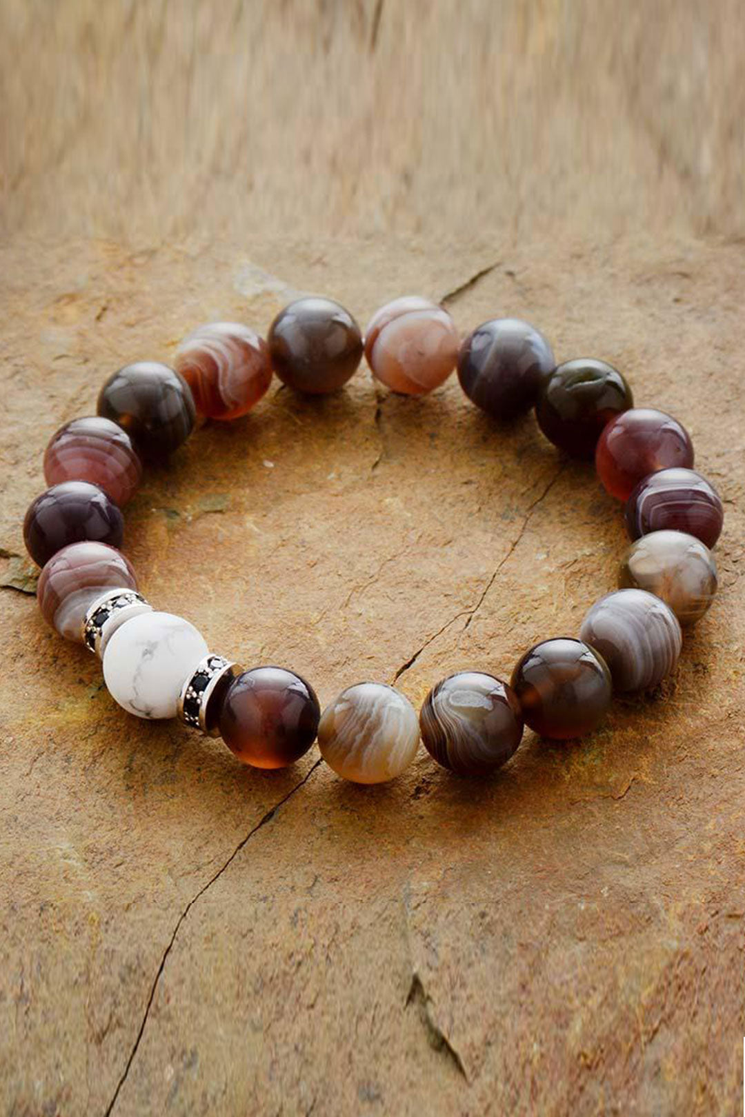 Boho Bracelet, Stretchy Bracelet, Black Botswana Onyx, Howlite