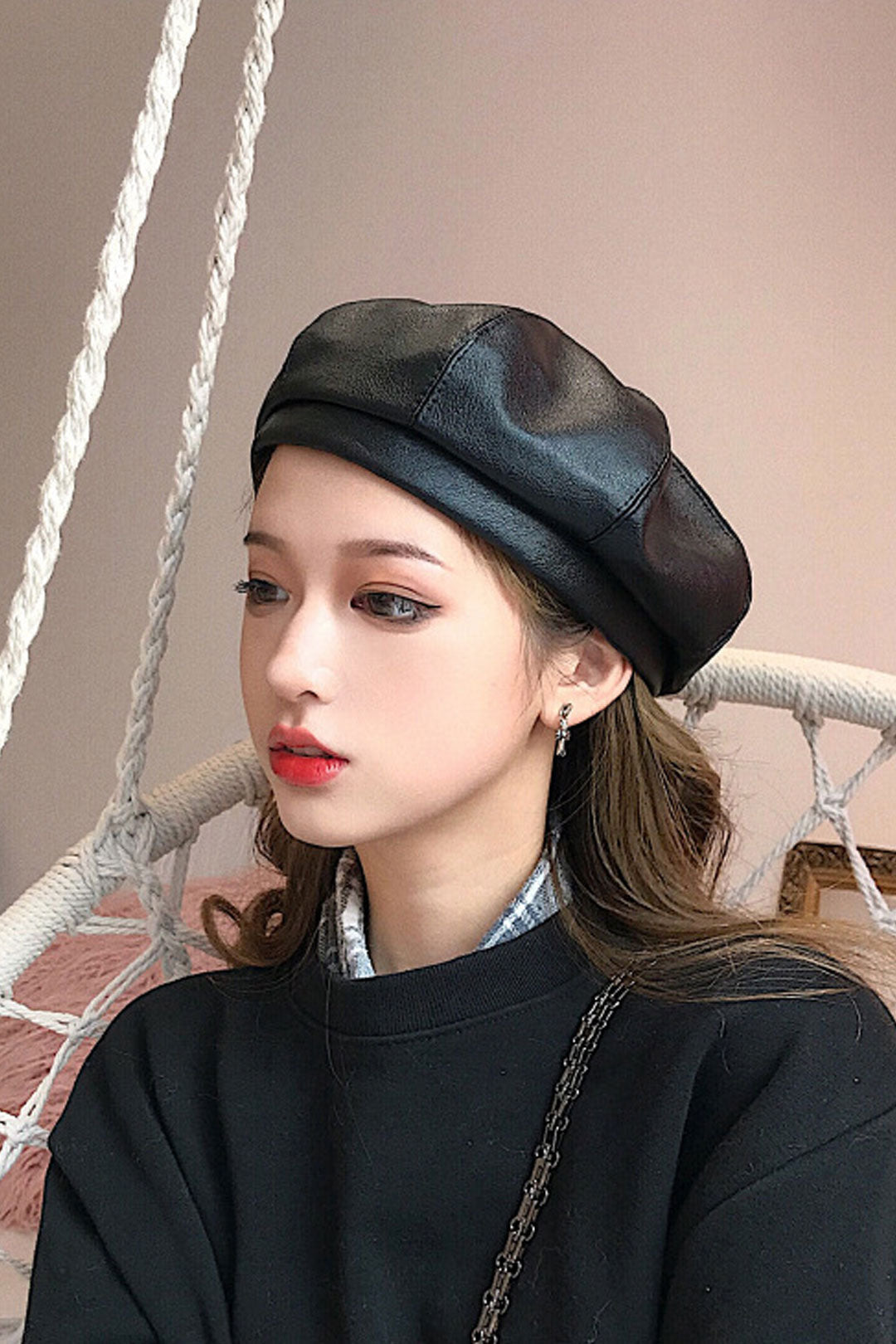 Boho Hat, Leather Beret Hat, Autumn in Beige , Red, Yellow and 9 colors