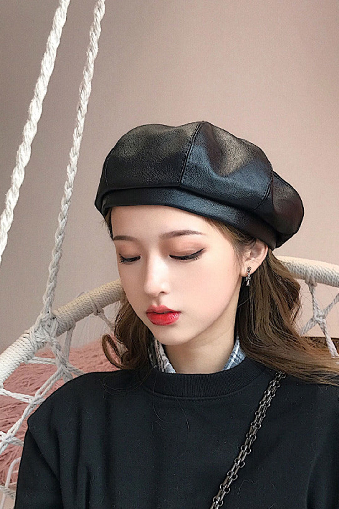 Boho Hat, Leather Beret Hat, Autumn in Beige , Red, Yellow and 9 colors