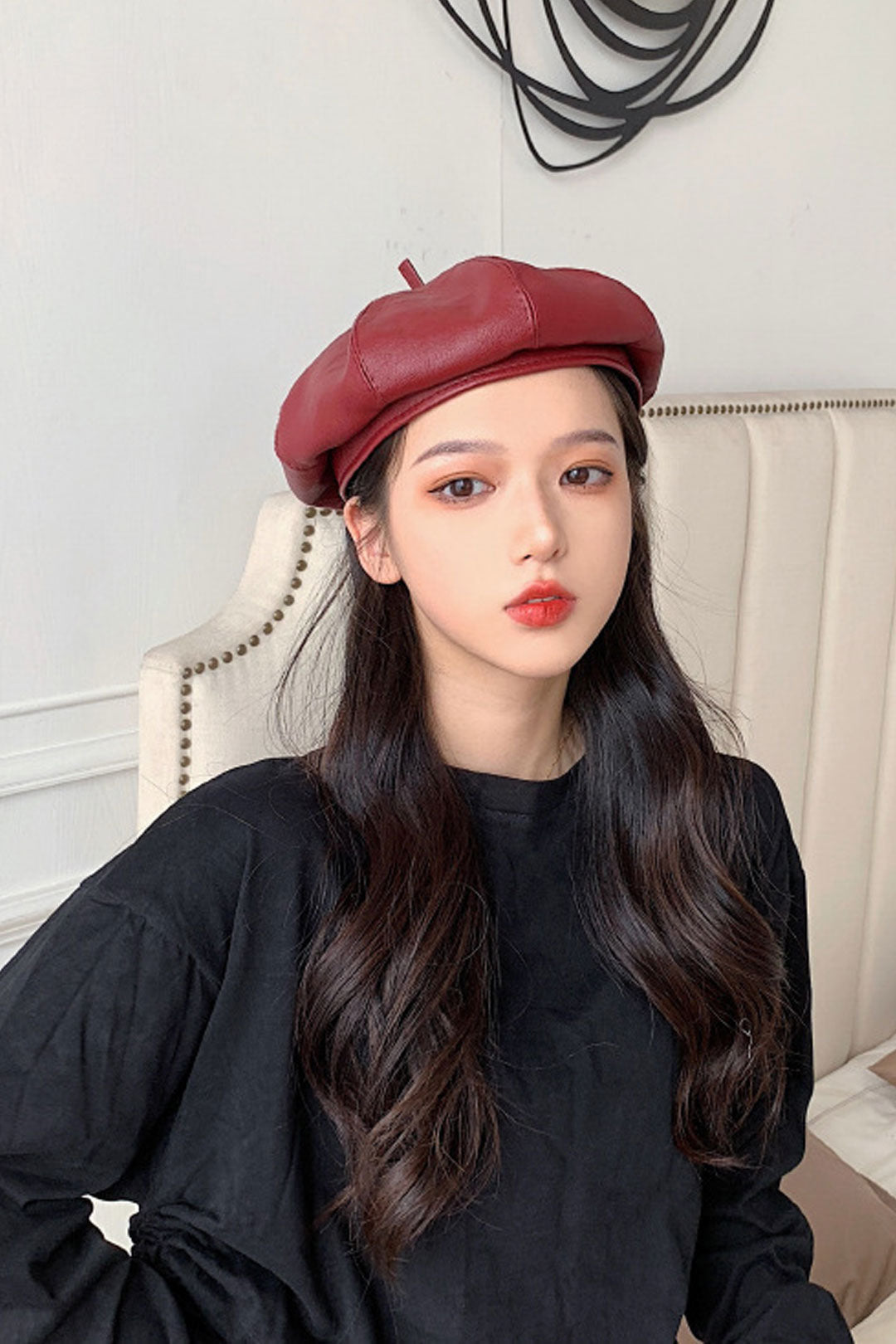 Boho Hat, Leather Beret Hat, Autumn in Beige , Red, Yellow and 9 colors