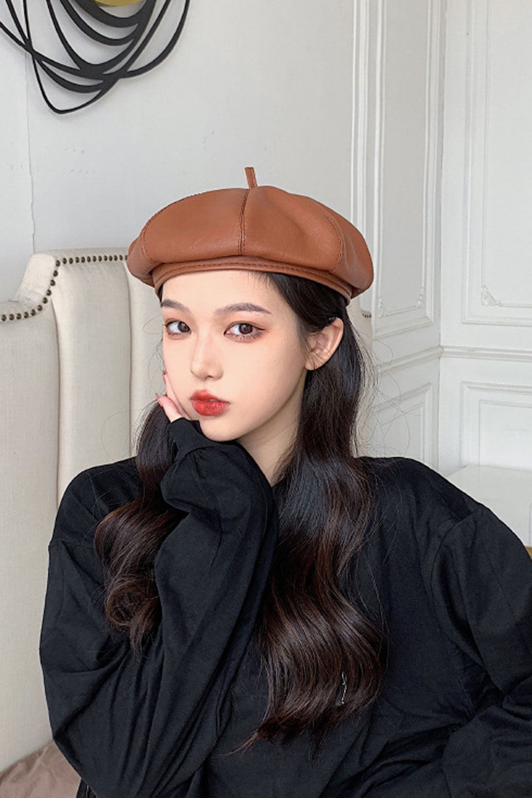 Boho Hat, Leather Beret Hat, Autumn in Beige , Red, Yellow and 9 colors