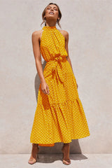 Boho Maxi Dress, Halter Dress, Meadowsweet, Polka Dot in Yellow