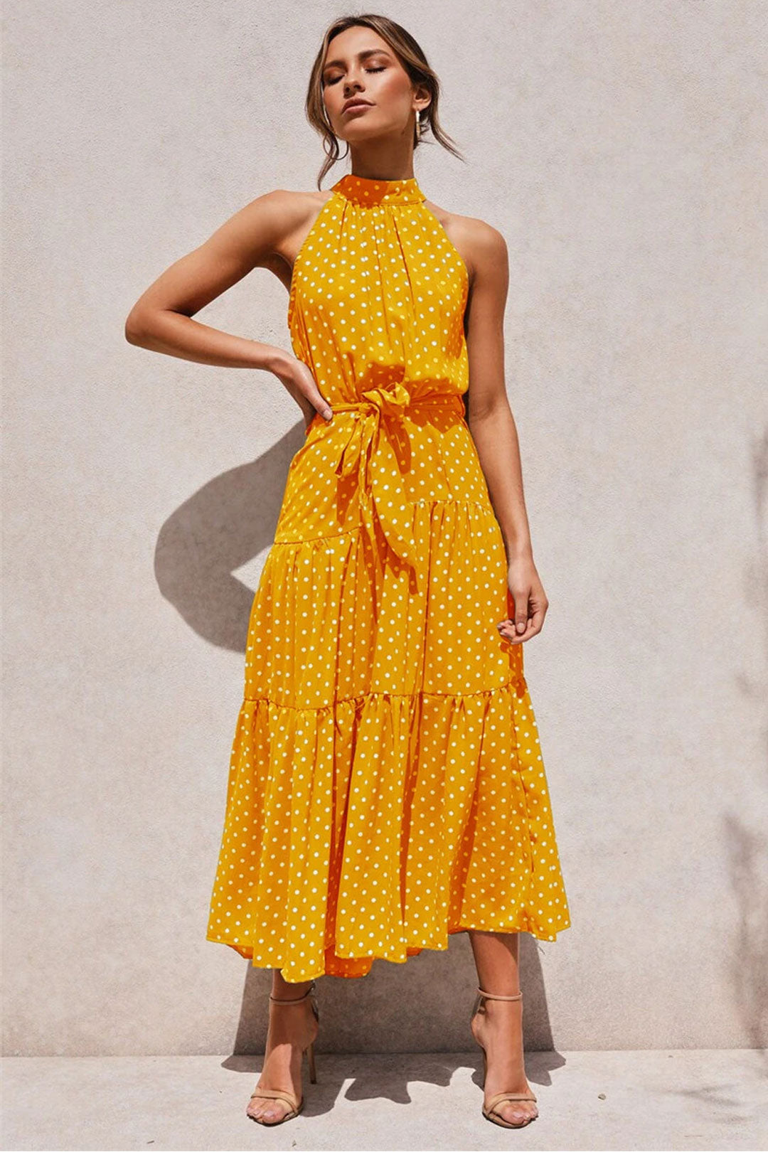 Boho Maxi Dress, Halter Dress, Meadowsweet, Polka Dot in Yellow