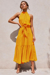 Boho Maxi Dress, Halter Dress, Meadowsweet, Polka Dot in Yellow