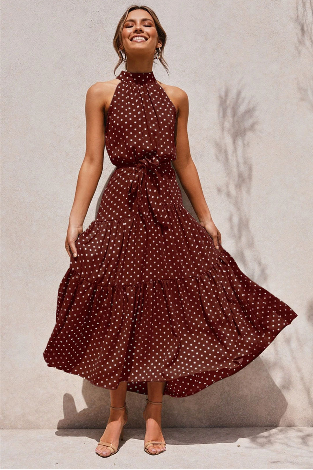 Boho Maxi Dress,  Halter Dress, Meadowsweet, Polka Dot in Brown