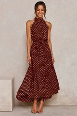 Boho Maxi Dress,  Halter Dress, Meadowsweet, Polka Dot in Brown