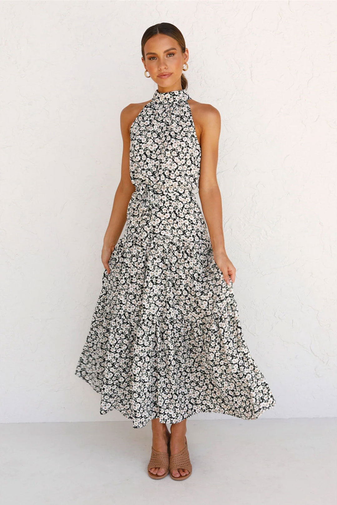 Boho Maxi Dress, Halter Dress, Meadowsweet, Black Daisy