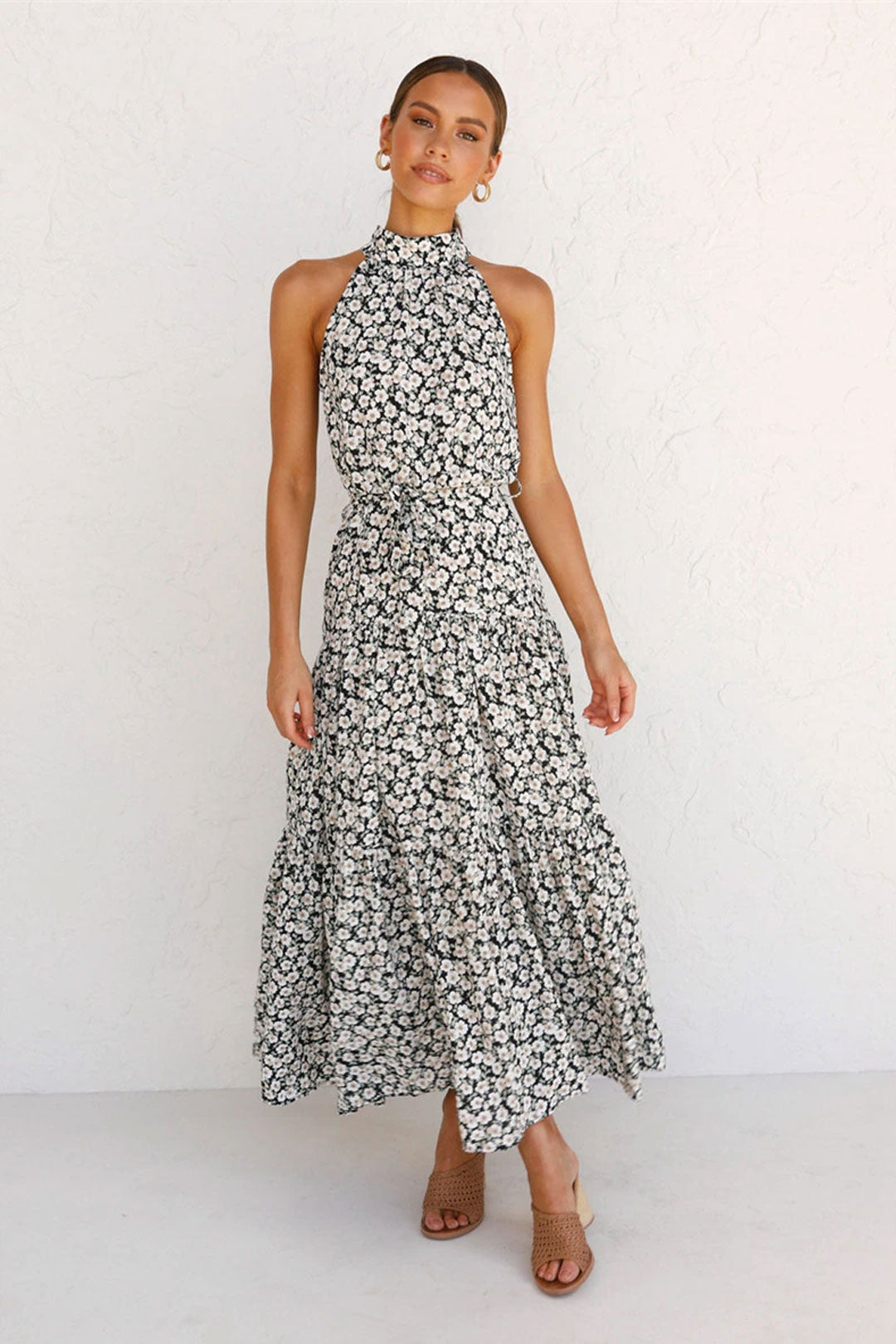 Boho Maxi Dress, Halter Dress, Meadowsweet, Black Daisy