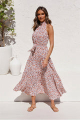 Boho Maxi Dress, Halter Dress, Meadowsweet in Pink Daisy