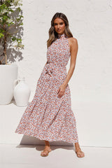 Boho Maxi Dress, Halter Dress, Meadowsweet in Pink Daisy