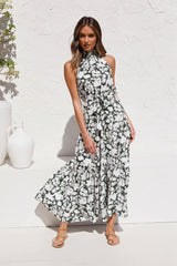 Boho Maxi Dress, Halter Dress, Meadowsweet in Black Hibiscus